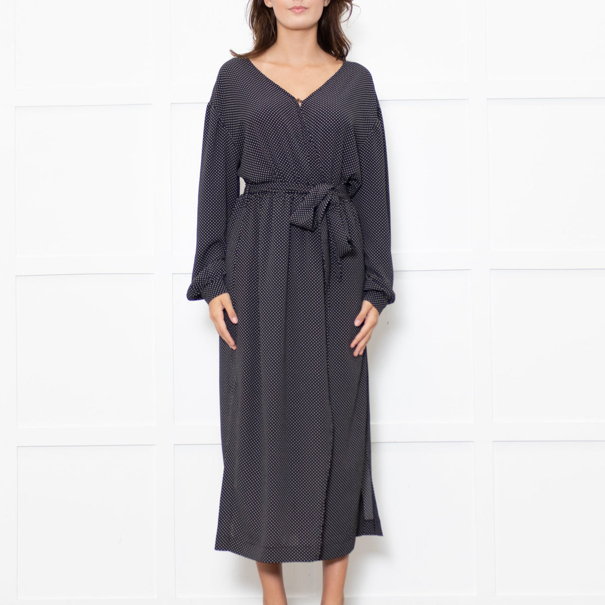 Nanushka Oasis Black Georgette Polka Dot Belted Midi Dress