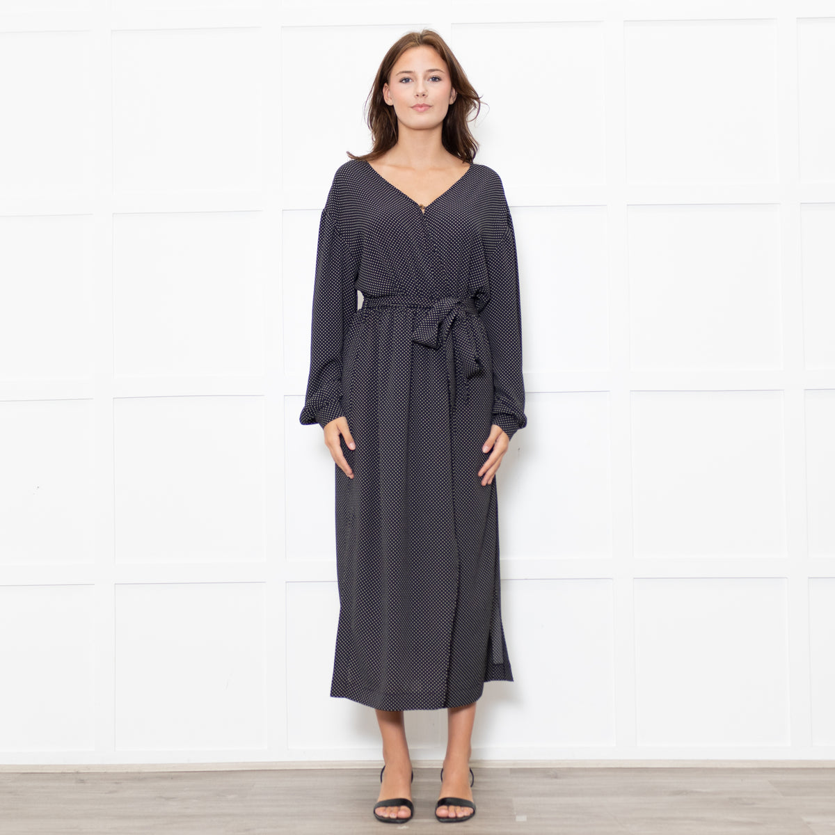 Nanushka Oasis Black Georgette Polka Dot Belted Midi Dress