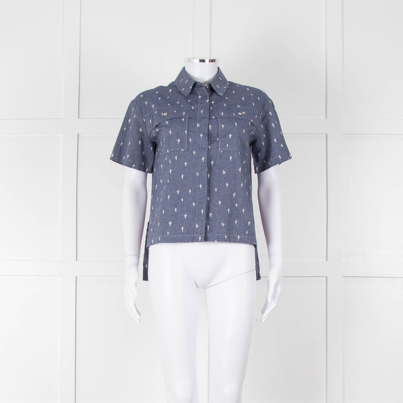 Kenzo Blue Denim White Cactus Print Short Sleeve Shirt