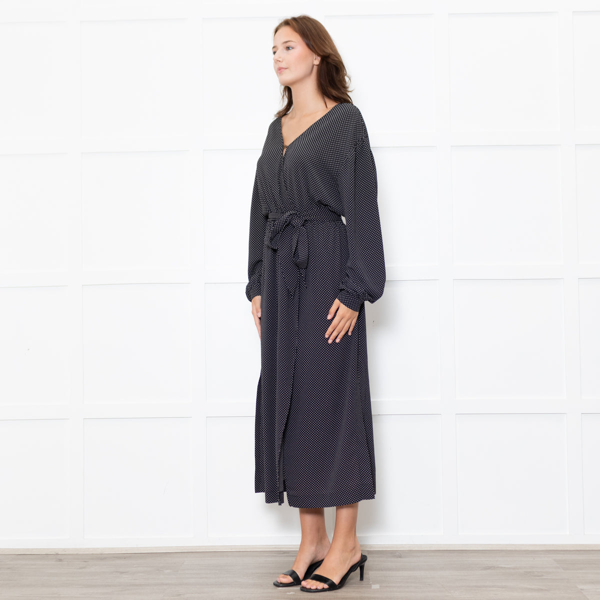 Nanushka Oasis Black Georgette Polka Dot Belted Midi Dress