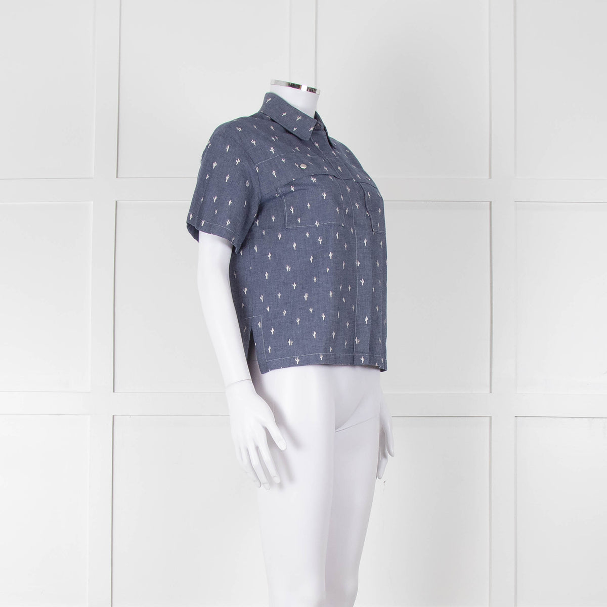 Kenzo Blue Denim White Cactus Print Short Sleeve Shirt