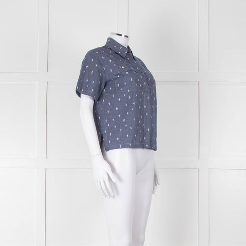 Kenzo Blue Denim White Cactus Print Short Sleeve Shirt