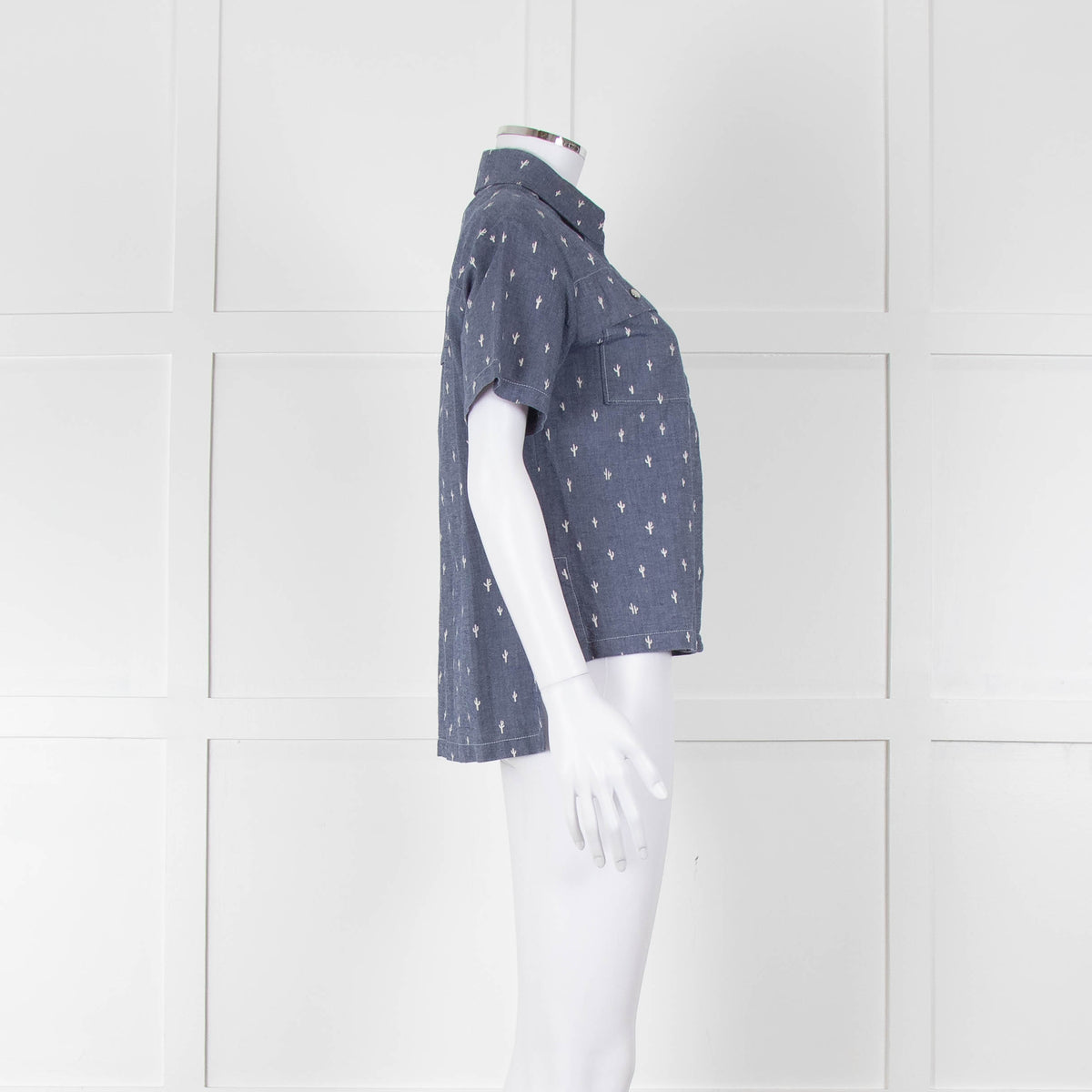 Kenzo Blue Denim White Cactus Print Short Sleeve Shirt