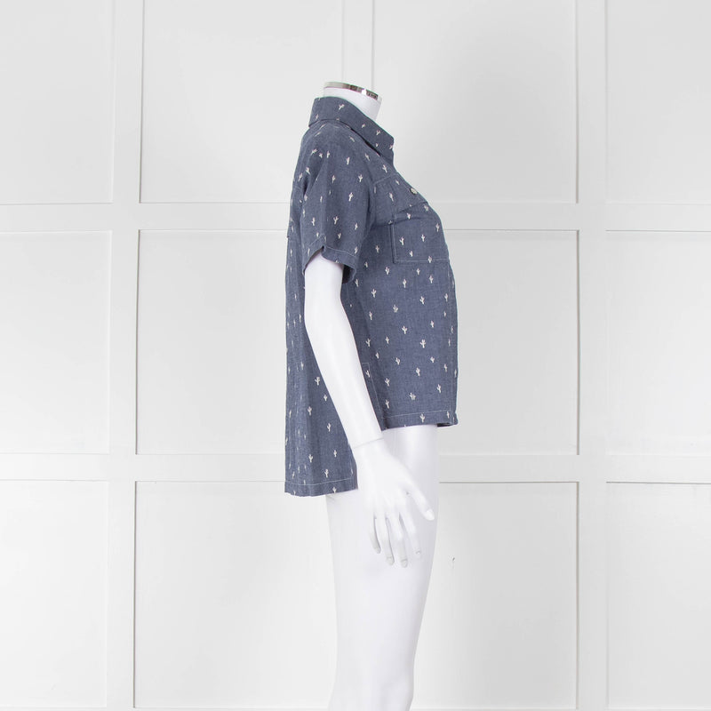 Kenzo Blue Denim White Cactus Print Short Sleeve Shirt