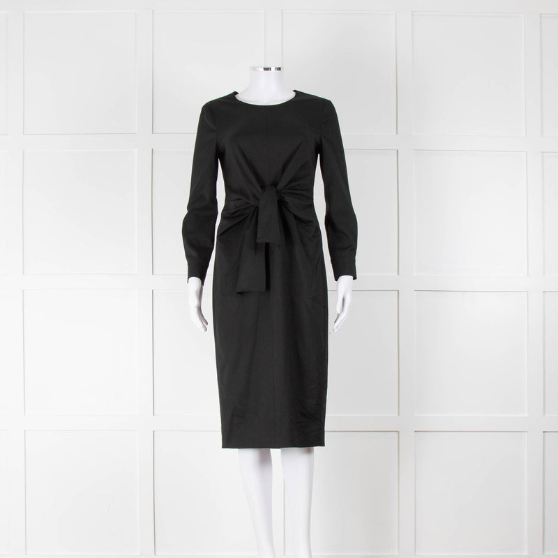 Max Mara Black Tie Front Long Sleeve Midi Wool Dress