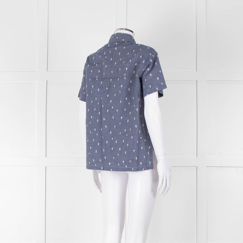 Kenzo Blue Denim White Cactus Print Short Sleeve Shirt