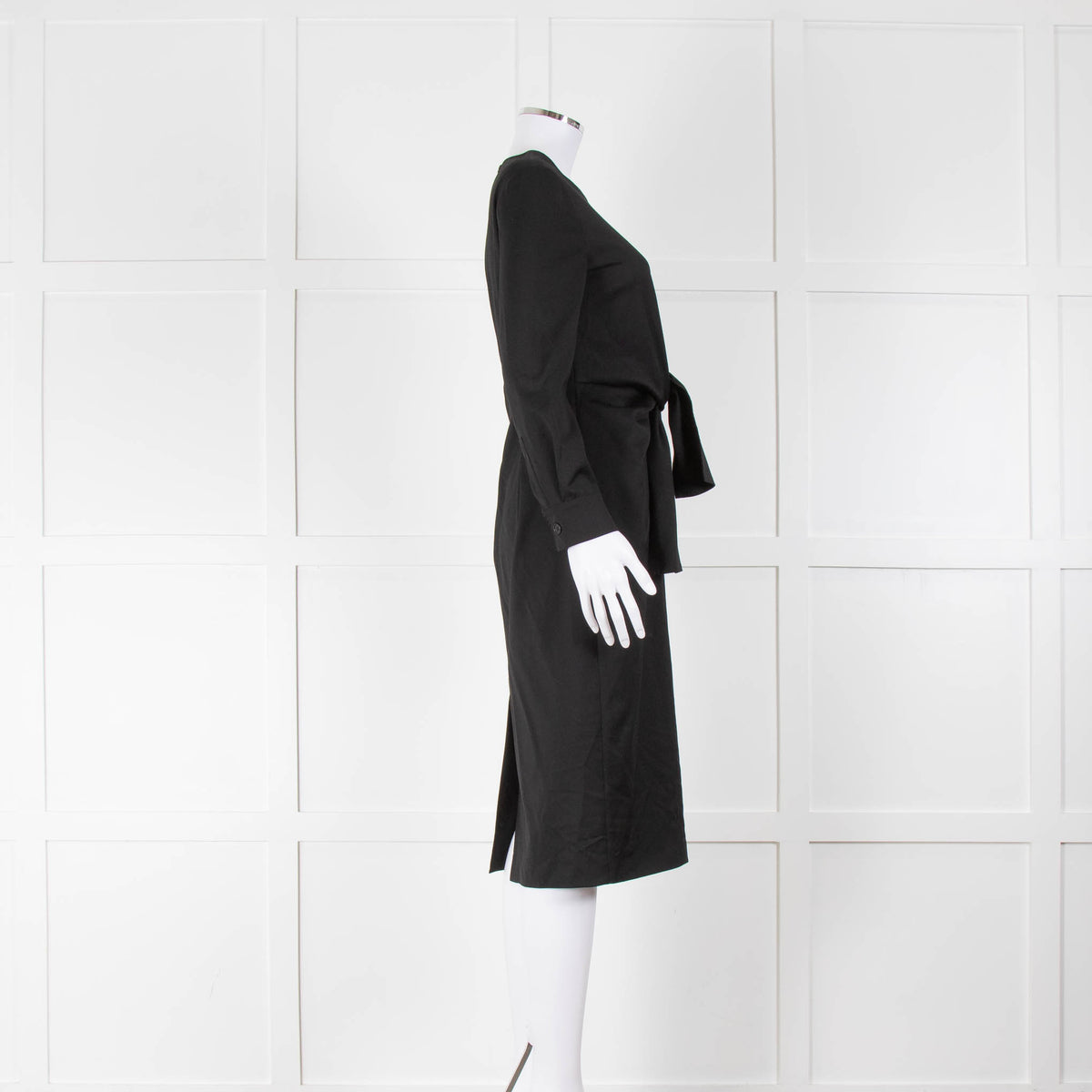 Max Mara Black Tie Front Long Sleeve Midi Wool Dress