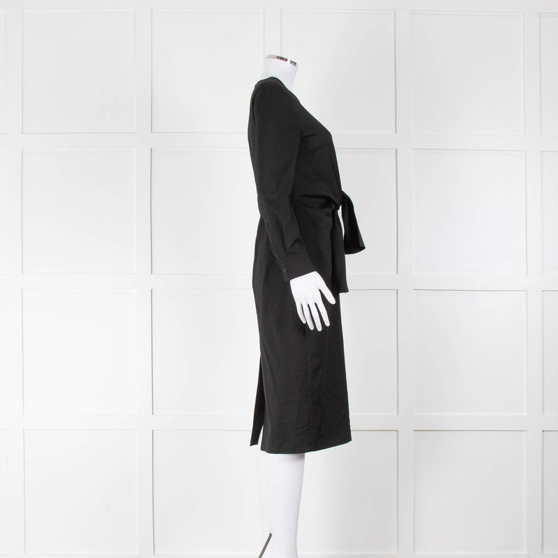 Max Mara Black Tie Front Long Sleeve Midi Wool Dress