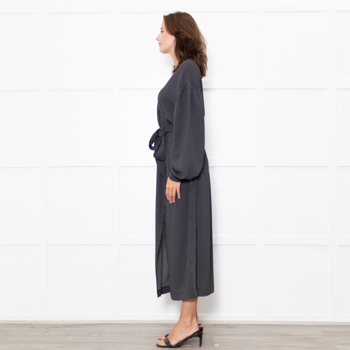 Nanushka Oasis Black Georgette Polka Dot Belted Midi Dress