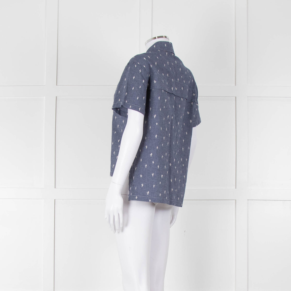 Kenzo Blue Denim White Cactus Print Short Sleeve Shirt