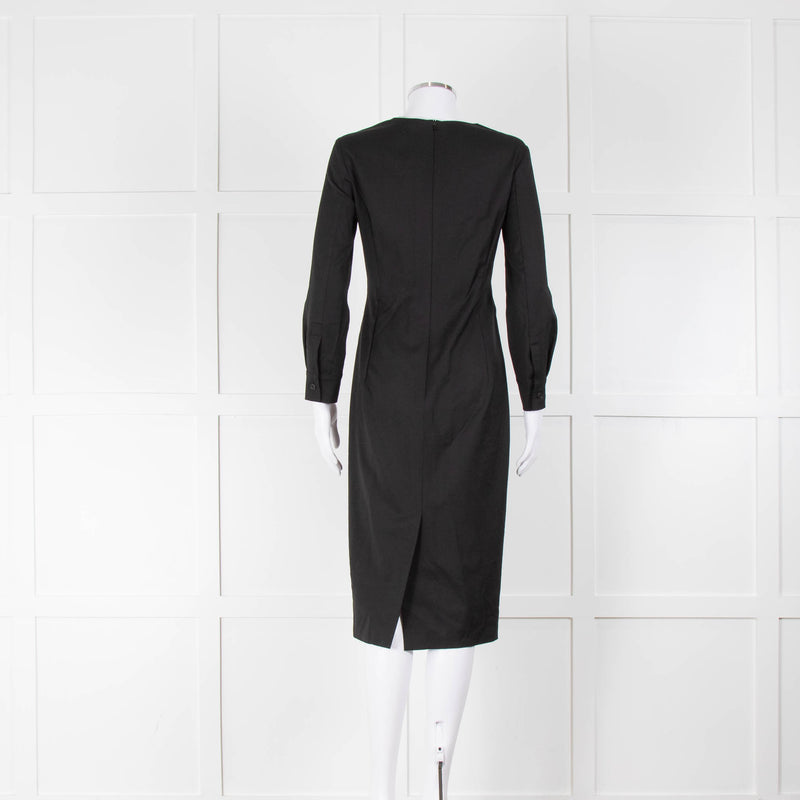 Max Mara Black Tie Front Long Sleeve Midi Wool Dress