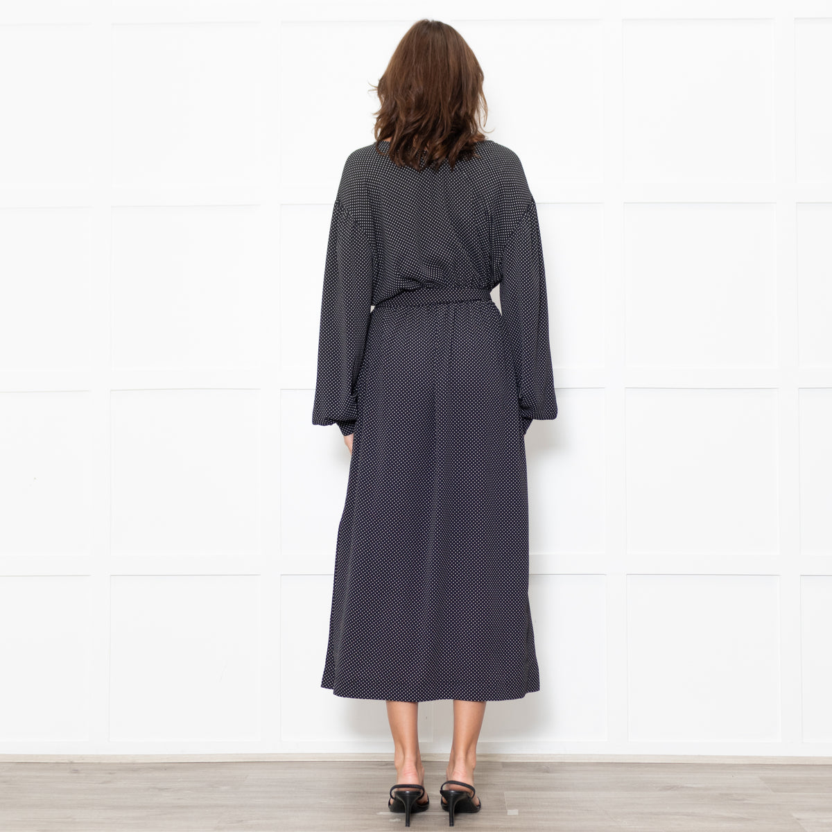 Nanushka Oasis Black Georgette Polka Dot Belted Midi Dress