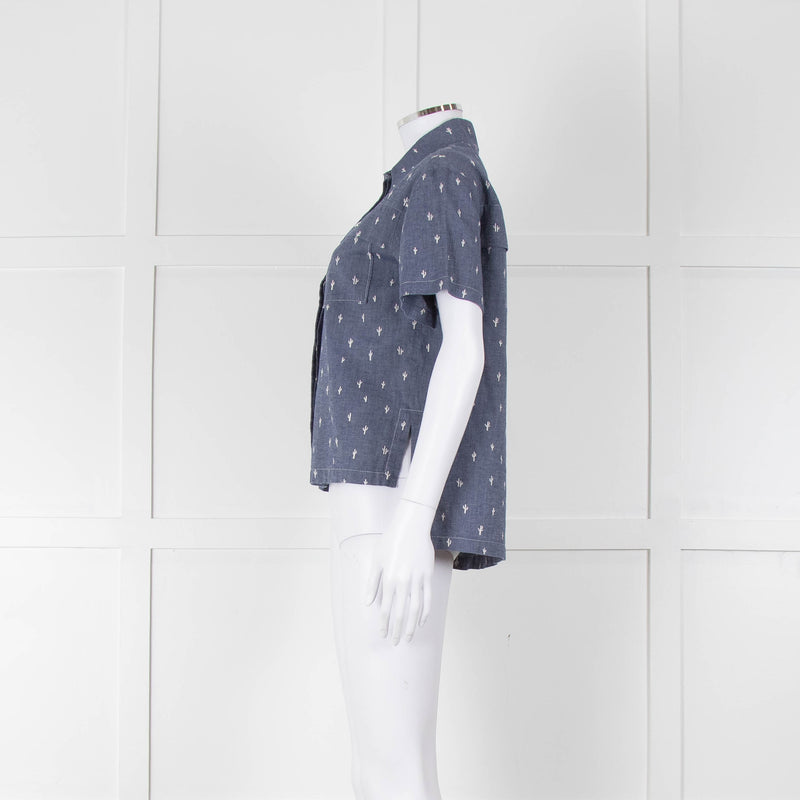 Kenzo Blue Denim White Cactus Print Short Sleeve Shirt