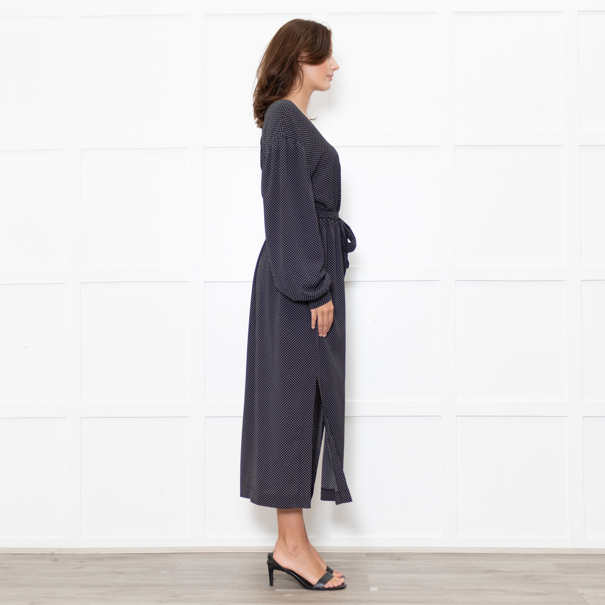 Nanushka Oasis Black Georgette Polka Dot Belted Midi Dress