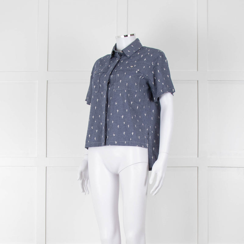 Kenzo Blue Denim White Cactus Print Short Sleeve Shirt