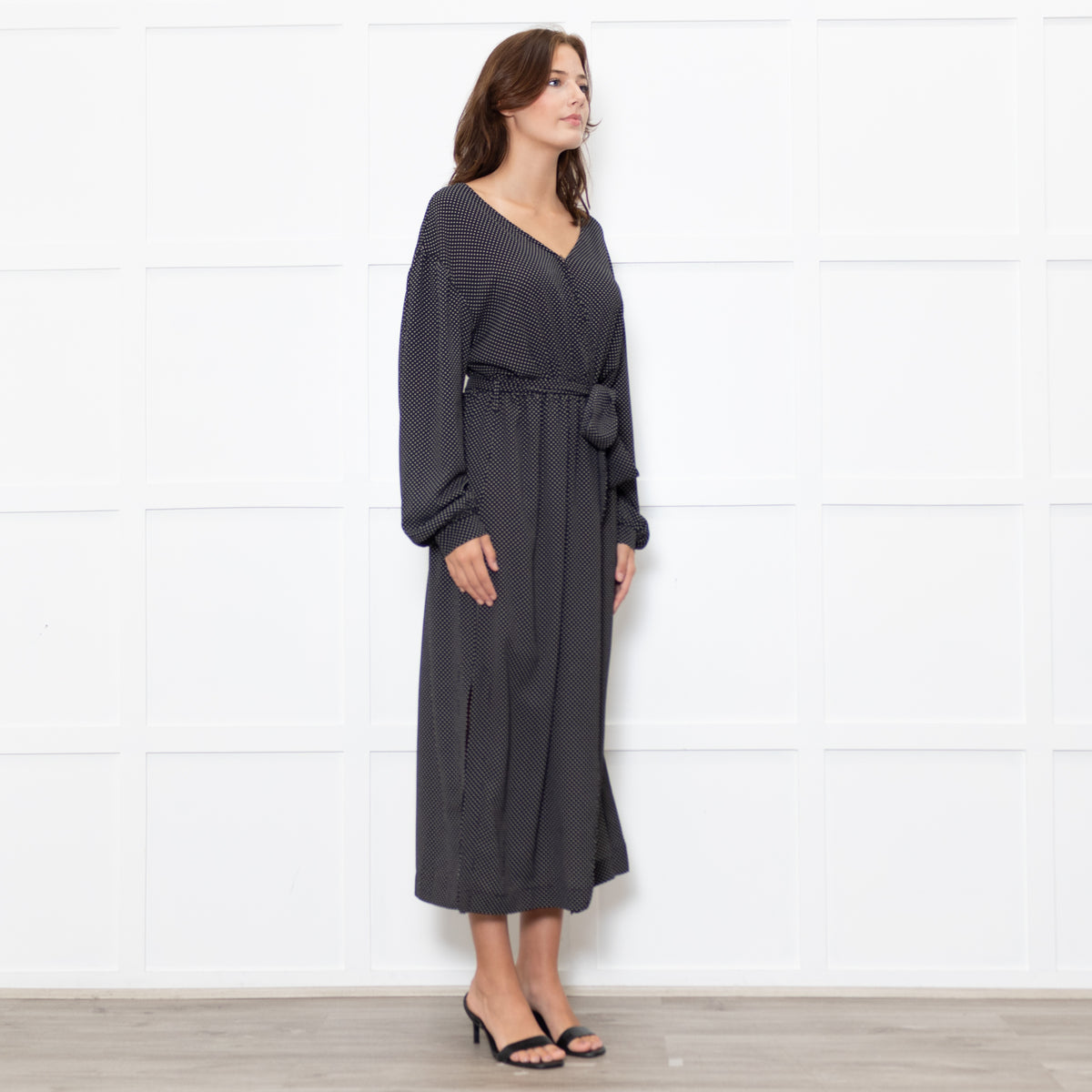 Nanushka Oasis Black Georgette Polka Dot Belted Midi Dress