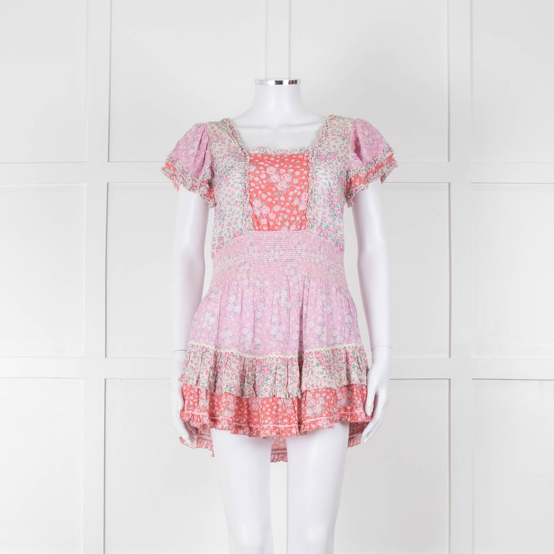 LoveShackFancy Pink Orange Floral Cotton Mini Sun Dress