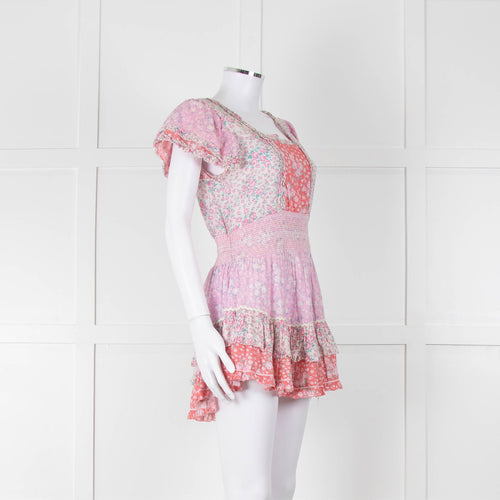 LoveShackFancy Pink Orange Floral Cotton Mini Sun Dress