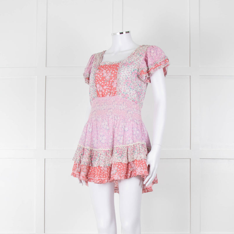 LoveShackFancy Pink Orange Floral Cotton Mini Sun Dress