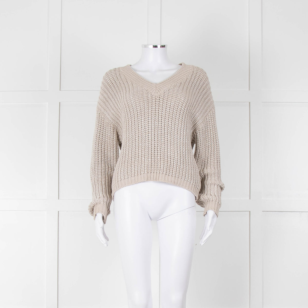Brunello Cucinelli Light Grey Silver Chunky Knit V Neck Jumper