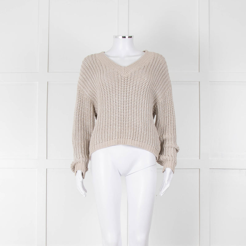 Brunello Cucinelli Light Grey Silver Chunky Knit V Neck Jumper