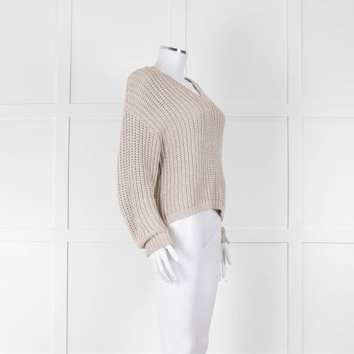 Brunello Cucinelli Light Grey Silver Chunky Knit V Neck Jumper