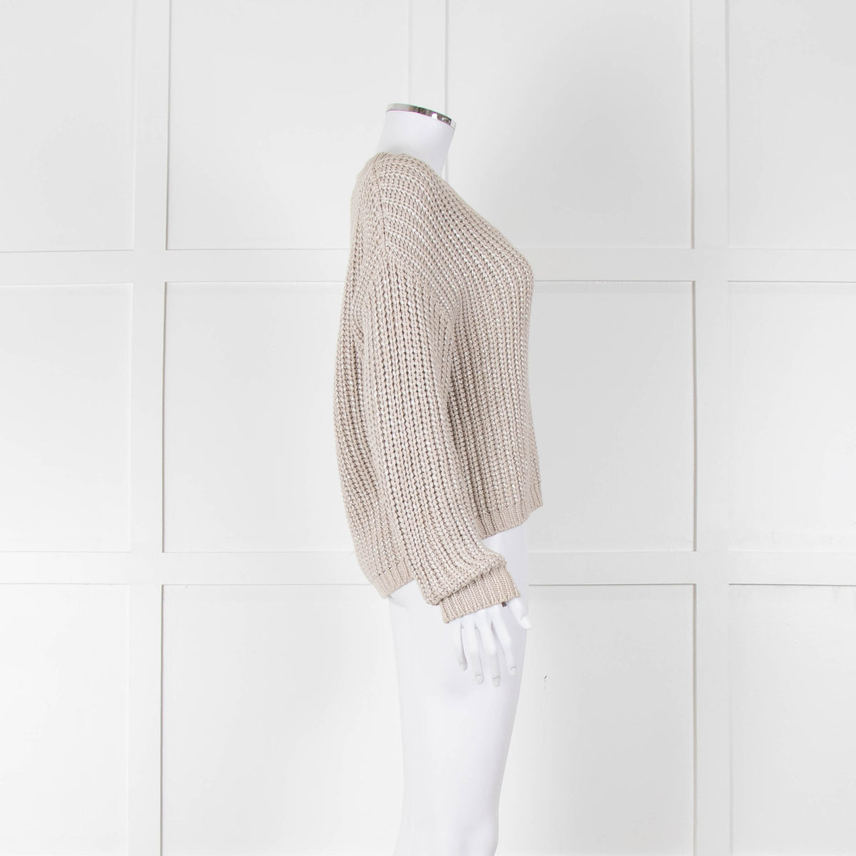 Brunello Cucinelli Light Grey Silver Chunky Knit V Neck Jumper