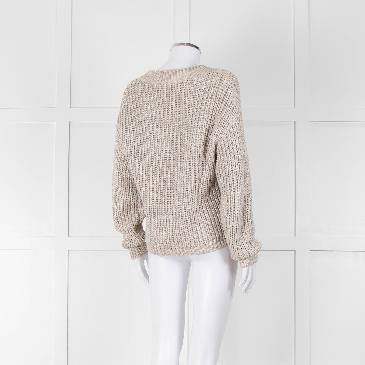 Brunello Cucinelli Light Grey Silver Chunky Knit V Neck Jumper