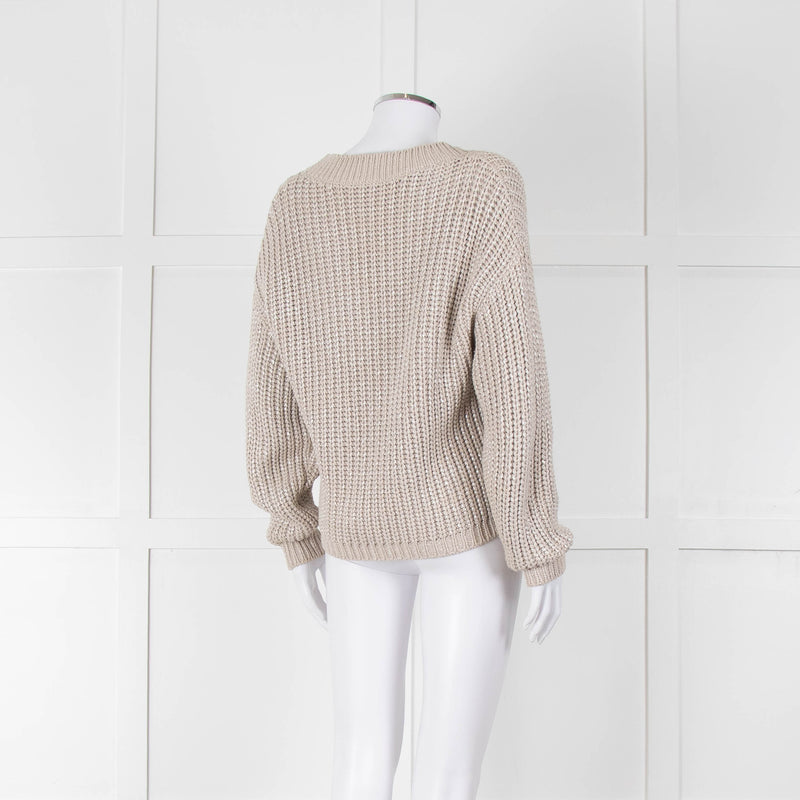 Brunello Cucinelli Light Grey Silver Chunky Knit V Neck Jumper