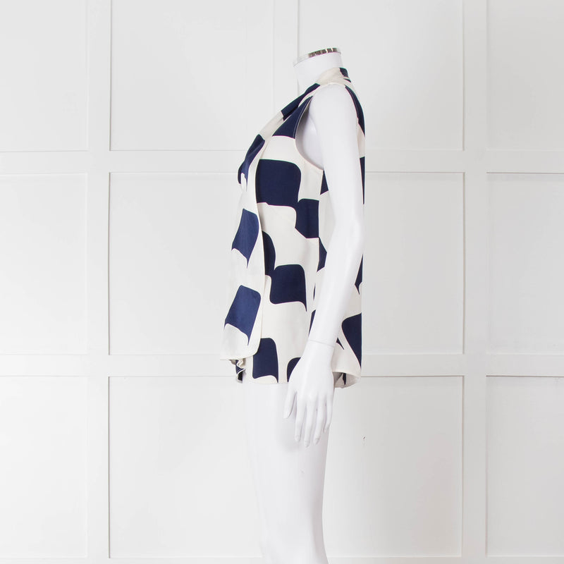 Victoria Beckham White Blue Print Silk Sleeveless Top