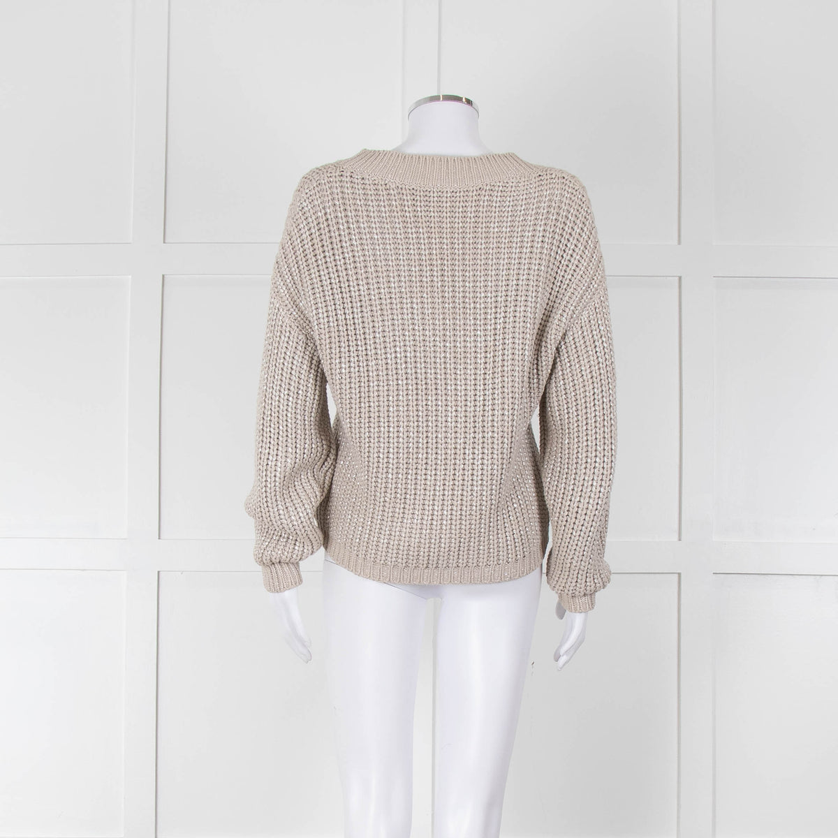 Brunello Cucinelli Light Grey Silver Chunky Knit V Neck Jumper