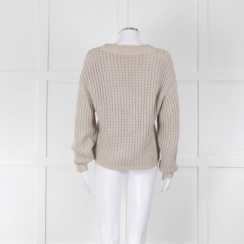 Brunello Cucinelli Light Grey Silver Chunky Knit V Neck Jumper