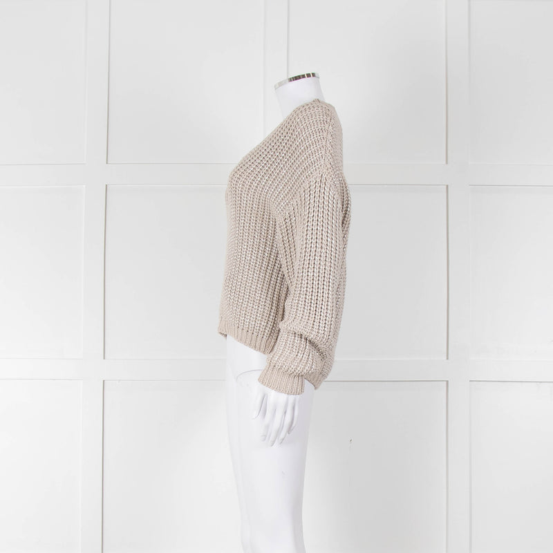 Brunello Cucinelli Light Grey Silver Chunky Knit V Neck Jumper
