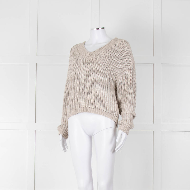 Brunello Cucinelli Light Grey Silver Chunky Knit V Neck Jumper