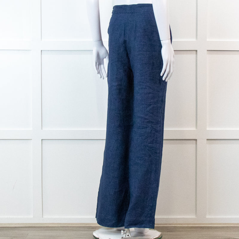 Carolina Herrera Blue 100% Linen Wide Leg Trousers