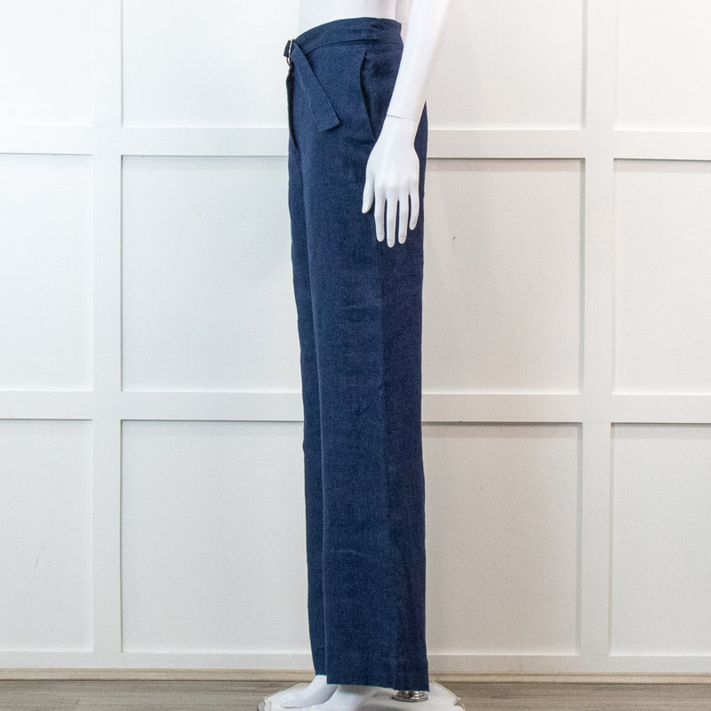 Carolina Herrera Blue 100% Linen Wide Leg Trousers