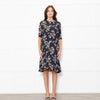 Ganni Dark Navy Black Tan Flower Print Short Sleeve Dress