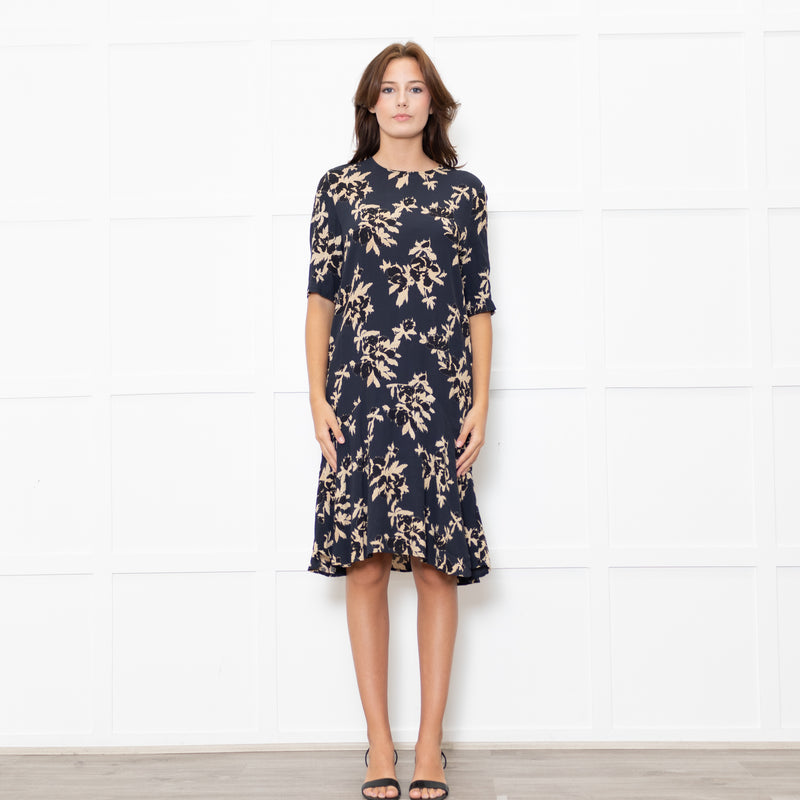 Ganni Dark Navy Black Tan Flower Print Short Sleeve Dress