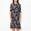 Ganni Dark Navy Black Tan Flower Print Short Sleeve Dress