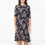 Ganni Dark Navy Black Tan Flower Print Short Sleeve Dress