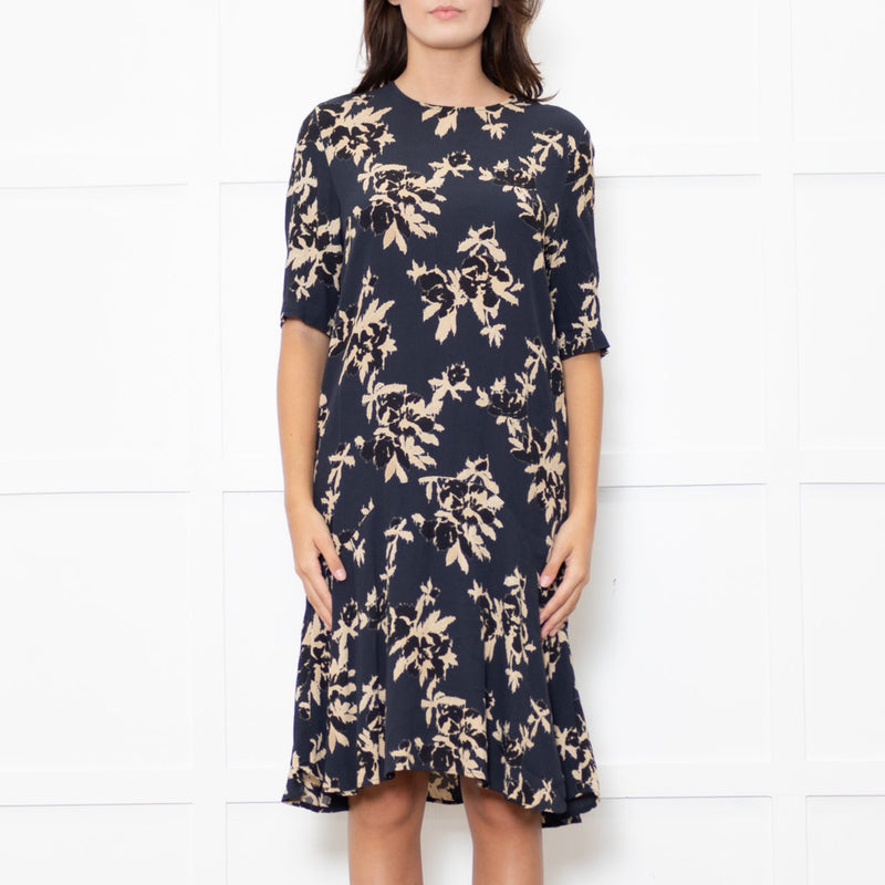 Ganni Dark Navy Black Tan Flower Print Short Sleeve Dress