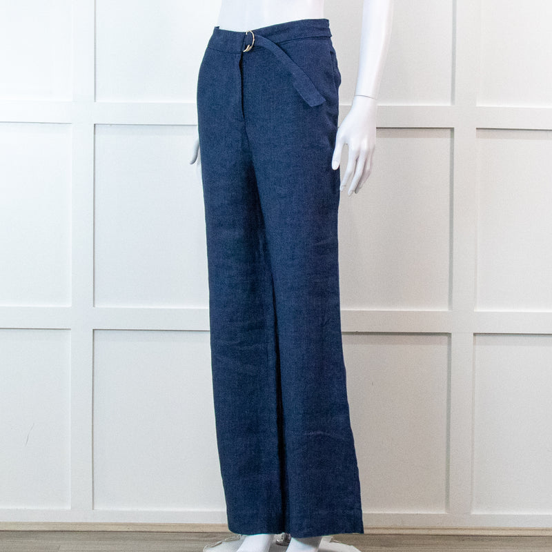 Carolina Herrera Blue 100% Linen Wide Leg Trousers