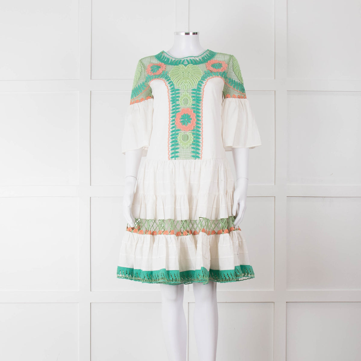 Temperley White Cotton Dress with Green and Pink Lace Panels