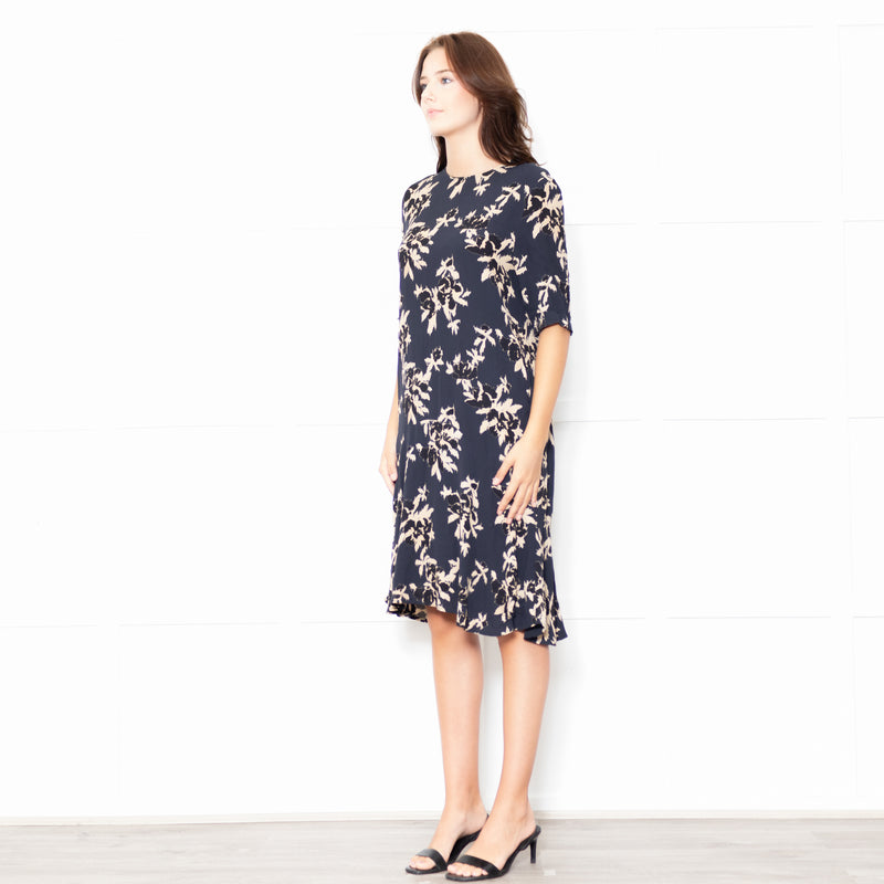 Ganni Dark Navy Black Tan Flower Print Short Sleeve Dress