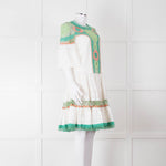 Temperley White Cotton Dress with Green and Pink Lace Panels