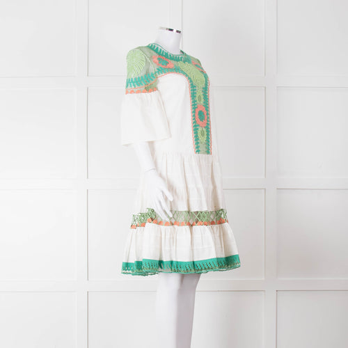 Temperley White Cotton Dress with Green and Pink Lace Panels