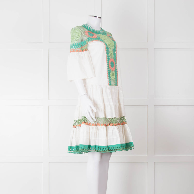 Temperley White Cotton Dress with Green and Pink Lace Panels