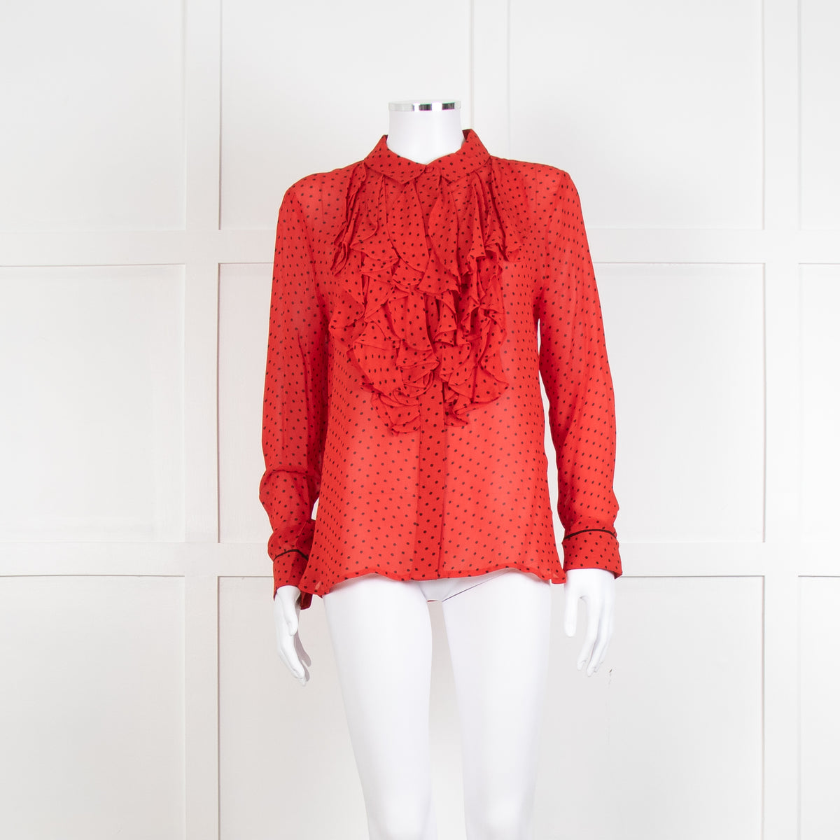 Ganni Red Black Polka Dot Frill Front Long Sleeve Shirt