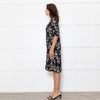 Ganni Dark Navy Black Tan Flower Print Short Sleeve Dress