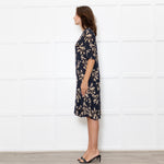 Ganni Dark Navy Black Tan Flower Print Short Sleeve Dress